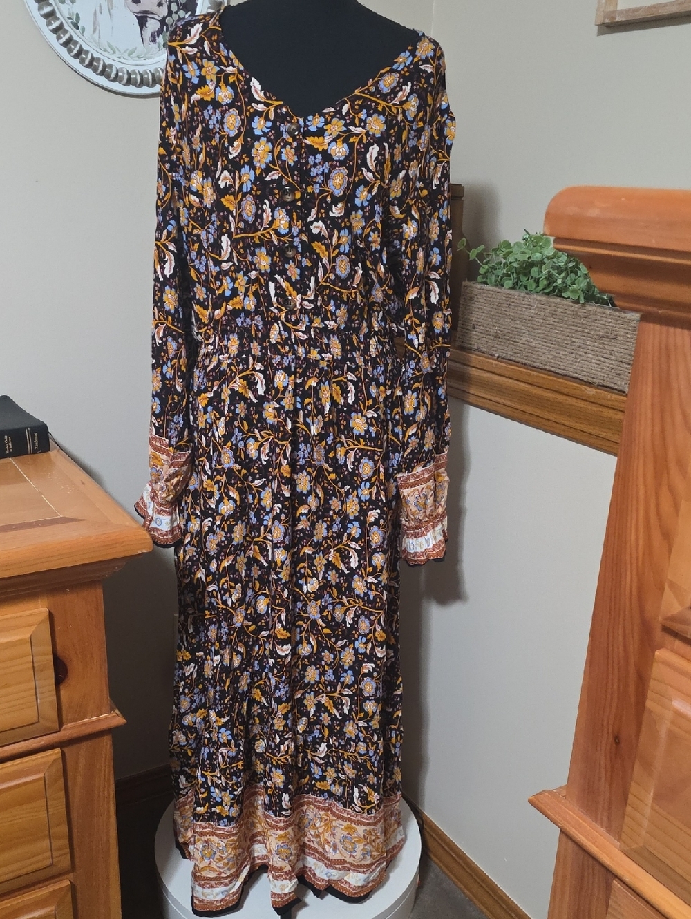 Boho Floral Maxi Dress in Black & Mustard
